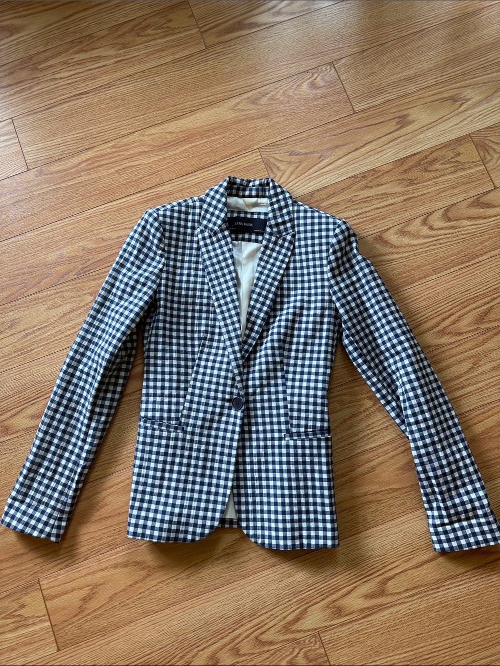 Zara Basic Navy White Gingham Blazer XS Tailored Preppy Coastal